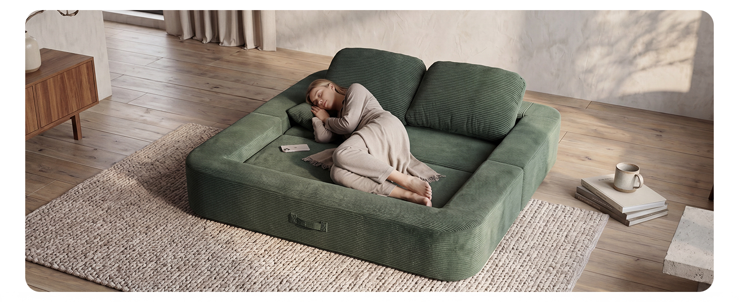 Folding floor futon fully unfolded into a flat mattress bed for sleeping overnight.