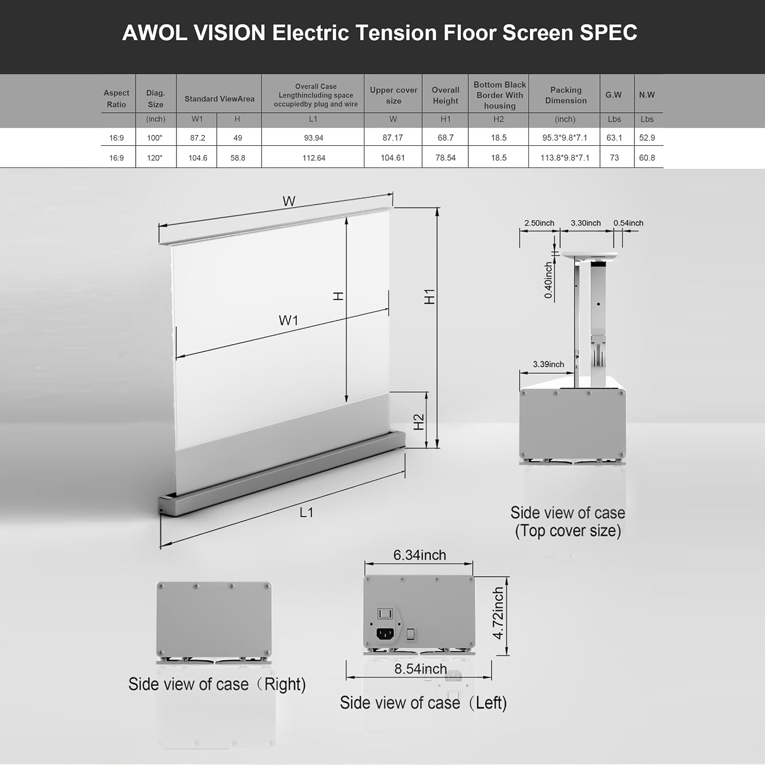 IN&VI 100" Electric Floor Rising Matte White Soft Projector Screen, Projector Screen for Home Theater, 4K/8K Ultra HD, 1.3 Gain, Active 3D, Eye Friendly