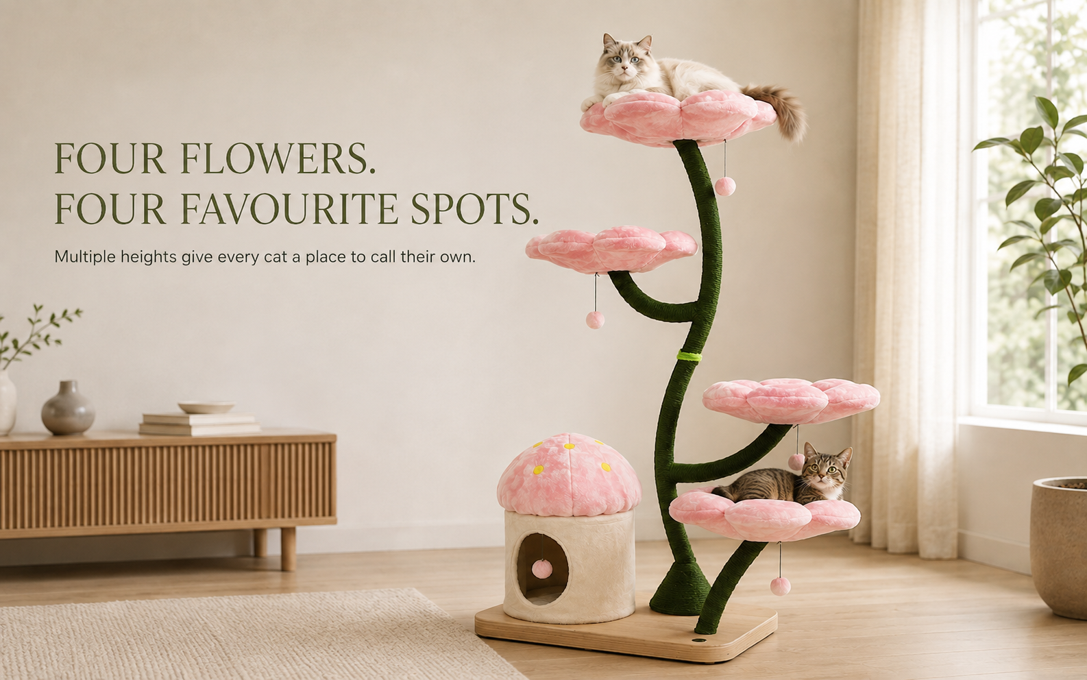 Floral cat tree in a modern European living room