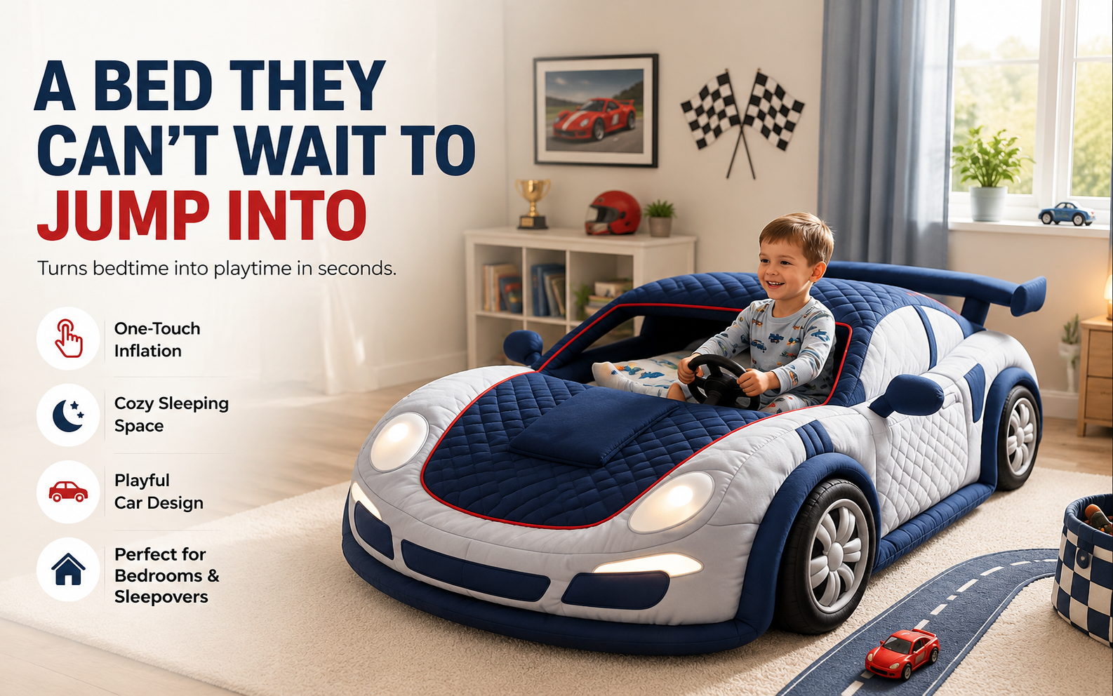 kids inflatable race car bed lifestyle image