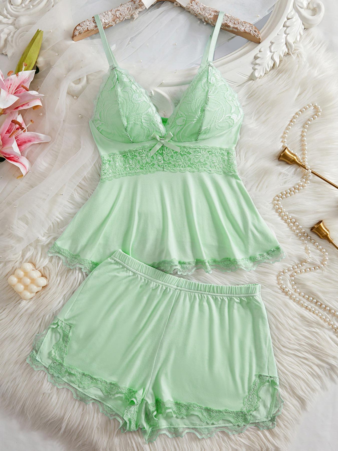 Women's Plain Lace Patchwork Bow Decor Aesthetic Cami Top & Shorts PJ Set, Adjustable Spaghetti Strap Camisole & Elastic Waist Shorts, Ladies Sleepwear for All Seasons