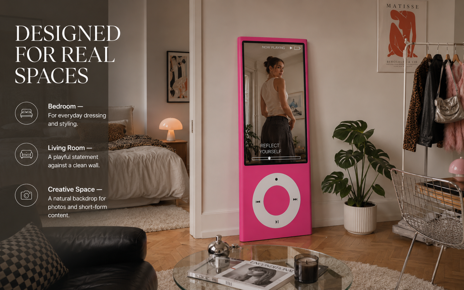 Close-up details of reflective surface frame interface and circular graphic control area
