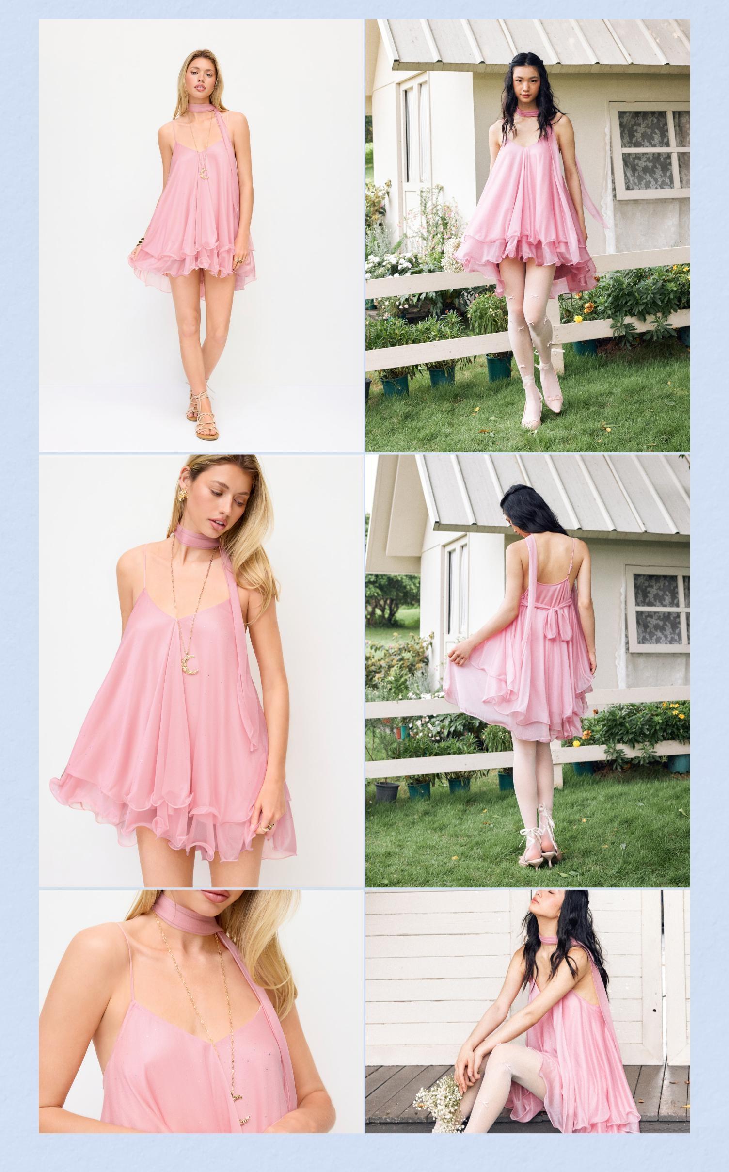 Cider V-Neck Halter Ruffled Hem Tulle Glitter Mini Dress Casual Wear Sexy Glamorous Women's Party Clubbing Festival Gown, Oversized Loose Fit Bounce Sundress with Scarf for Summer SohoChic