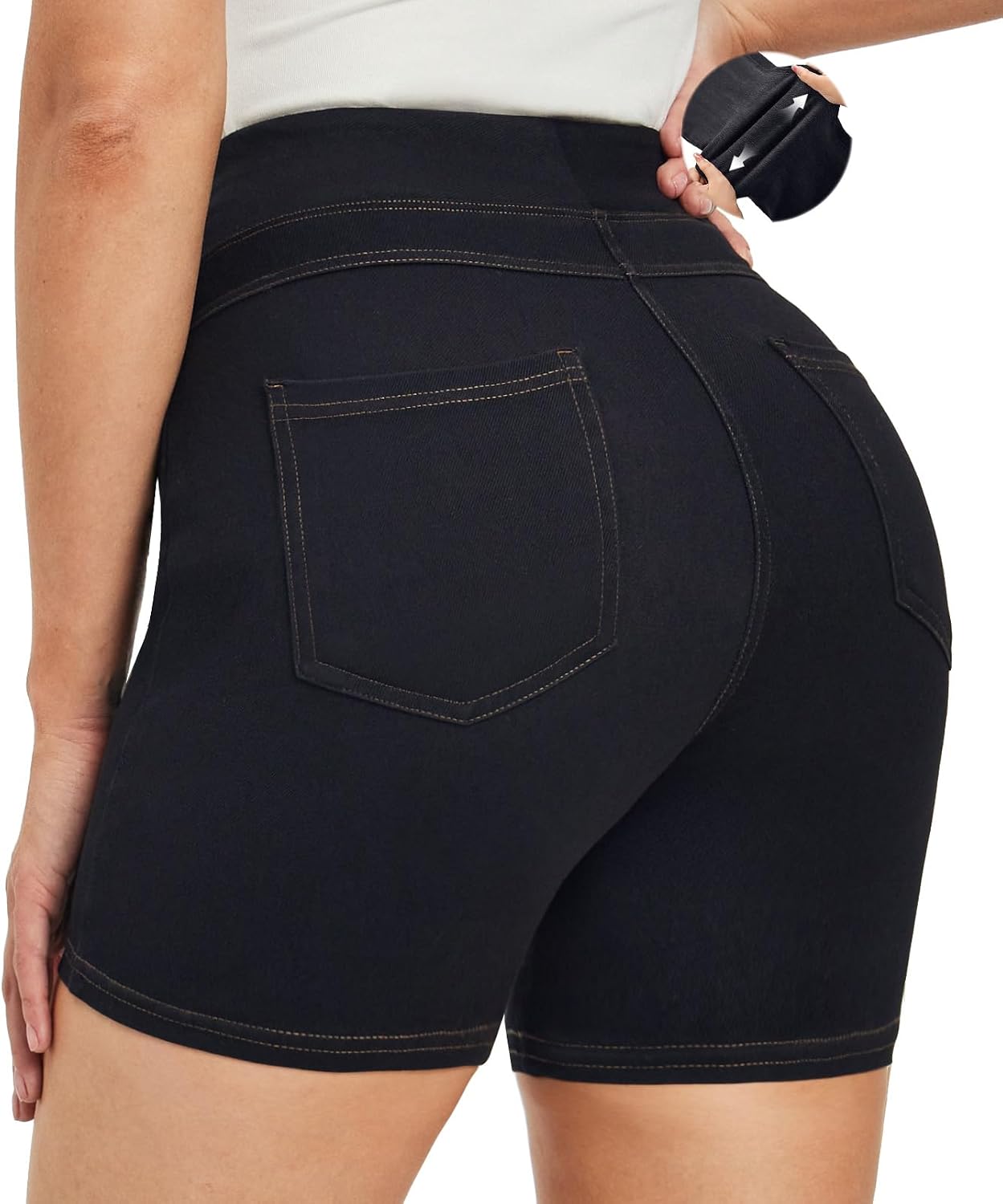 Stretchy Jean Shorts Womens Denim Shorts High Waisted Pull On Jorts Pockets | Tummy Control, No Zipper, 5" Inseam, 4 Deep Pockets, 4-Way Stretch, Lightweight, Summer, Travel, Casual, Vacations, Weekends