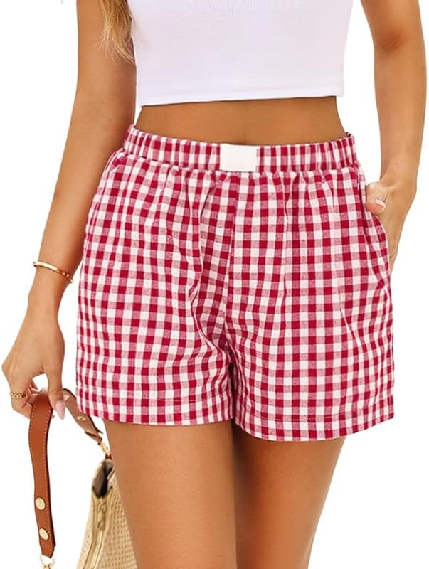 Marvmys Womens Boxer Pajama Shorts Cotton Gingham Shorts with Pockets S-2XL