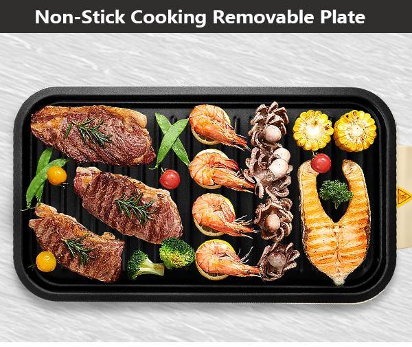 Pukomc 1500W Smokeless Grills - Electric Nonstick Griddle Grill with Extended Removable Plates, Adjustable Temp Control, 4 Mini Raclette Pans, Compact Apartment Kitchen Supply, Mess-Free Easy-Clean Accessory