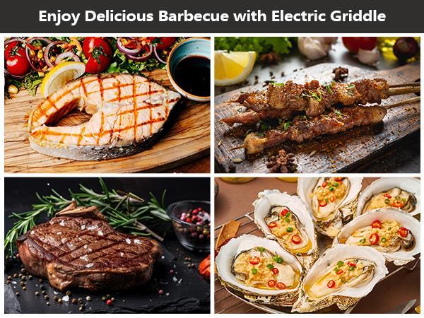 Pukomc 1500W Smokeless Grills - Electric Nonstick Griddle Grill with Extended Removable Plates, Adjustable Temp Control, 4 Mini Raclette Pans, Compact Apartment Kitchen Supply, Mess-Free Easy-Clean Accessory
