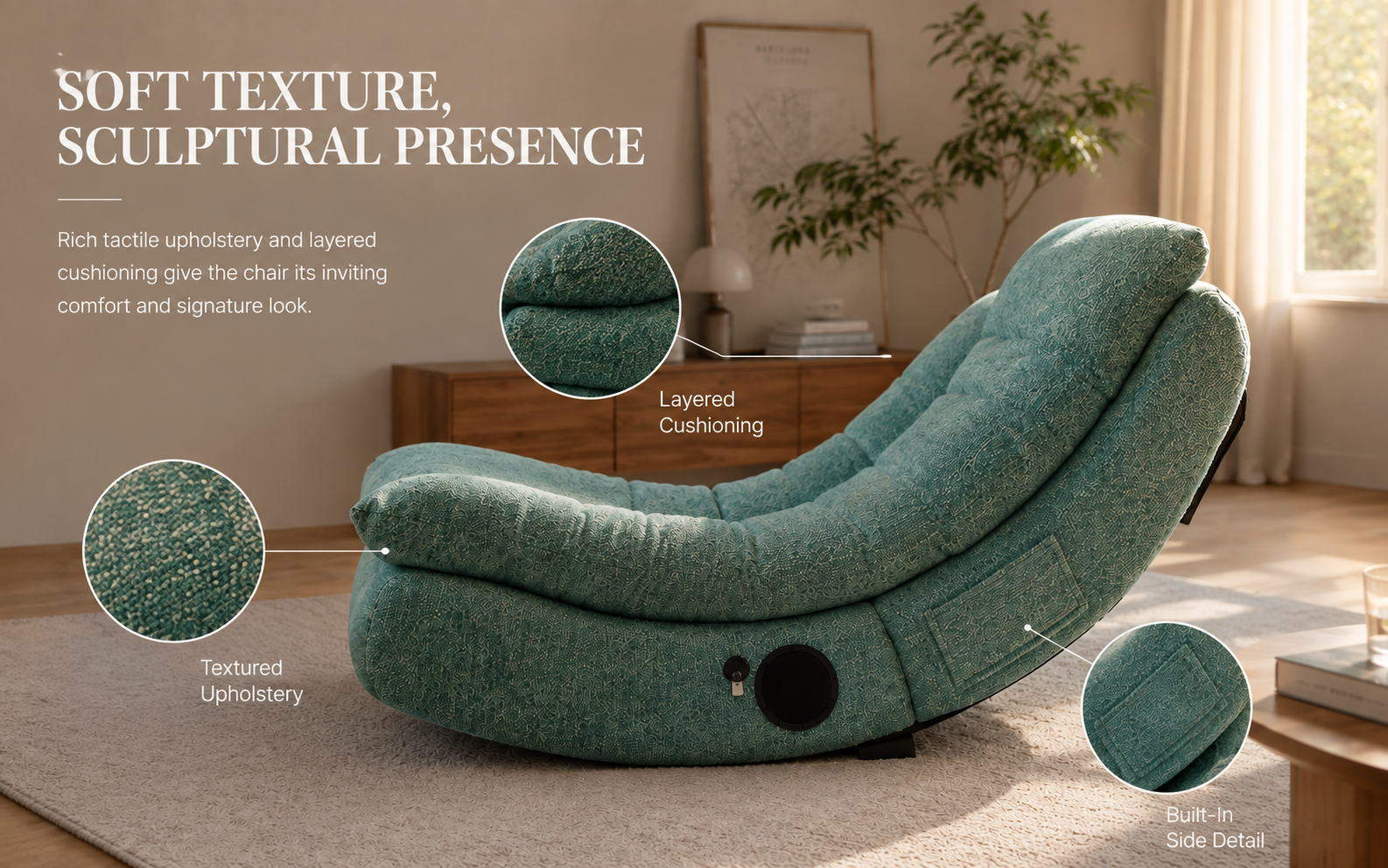 Curved lounge chair designed for modern compact European interiors