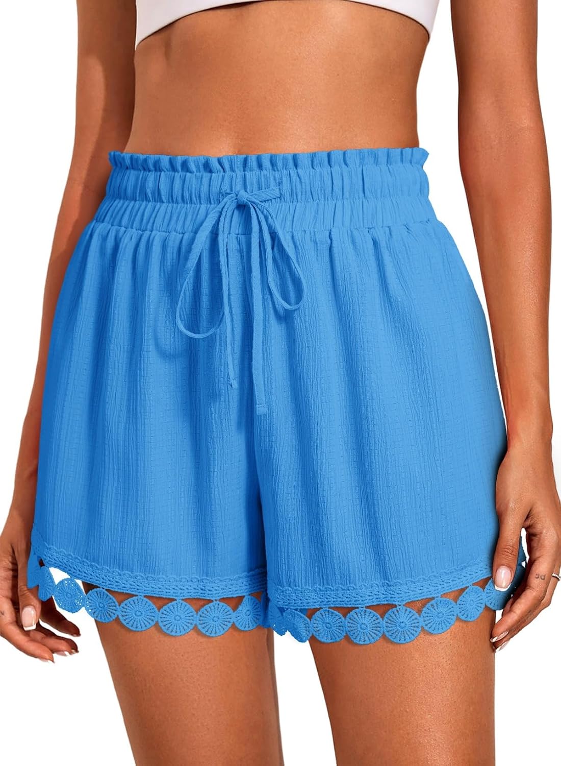 Dokotoo Womens Shorts Summer Casual Loose Elastic Waist Drawstring Lace Boho Beach Cover Up Shorts
