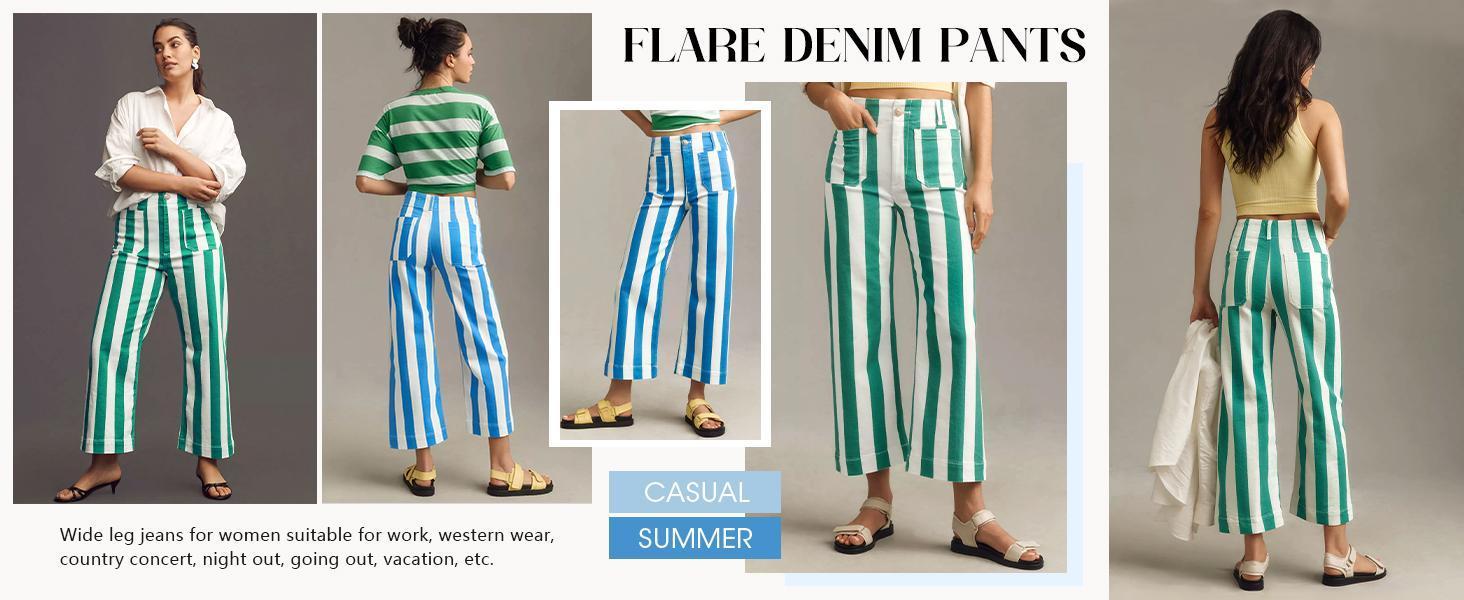 Cicy Bell Womens Cropped Striped Jeans Casual High Waisted Stretchy Polka Dots Straight Leg Denim Pants with Pockets
