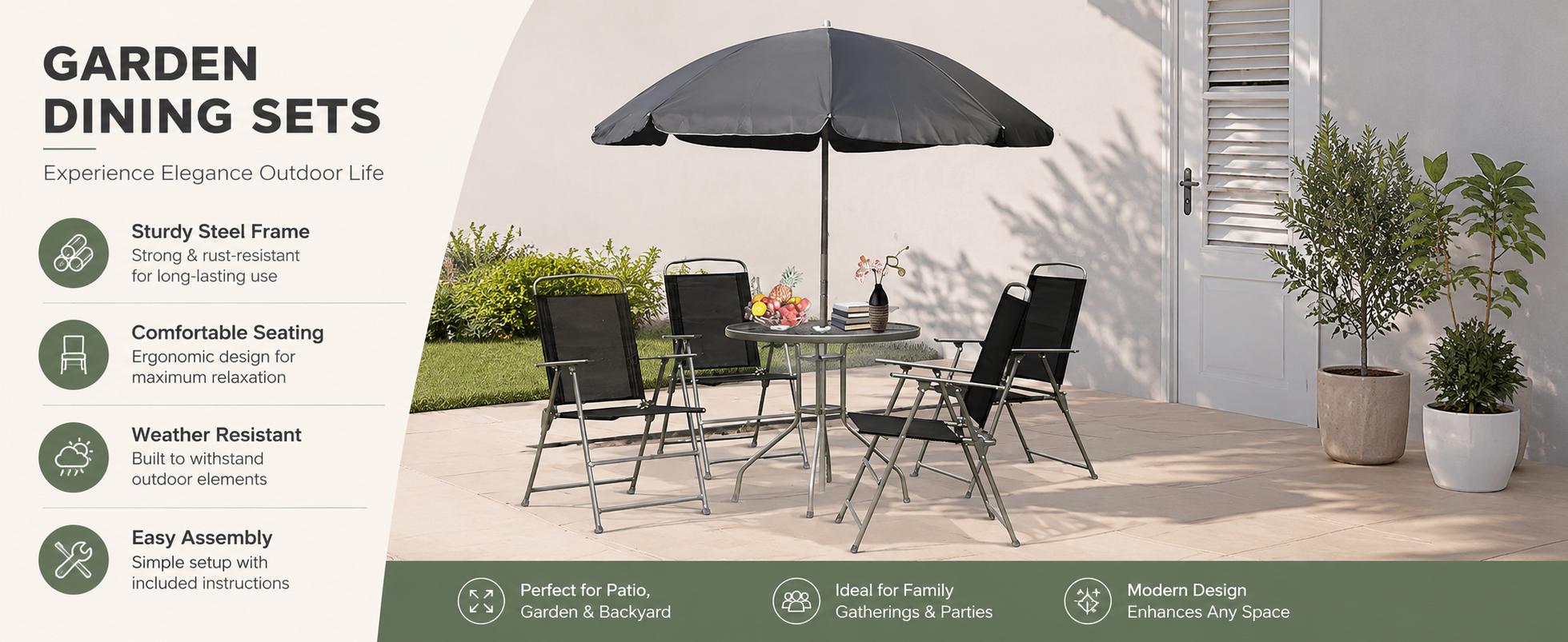6 Piece Patio Dining Set for 4 with Umbrella, Outdoor Table and Chairs with 4 Folding Dining Chairs & Round Glass Table for Garden, Backyard and Poolside, Black and Coffee