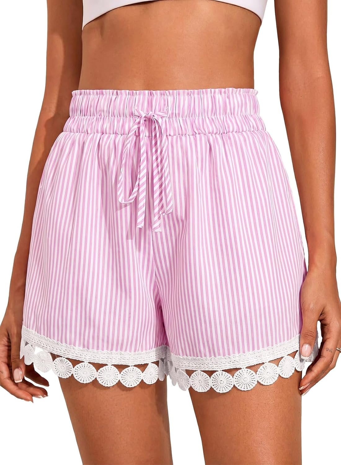 Dokotoo Womens Shorts Summer Casual Loose Elastic Waist Drawstring Lace Boho Beach Cover Up Shorts
