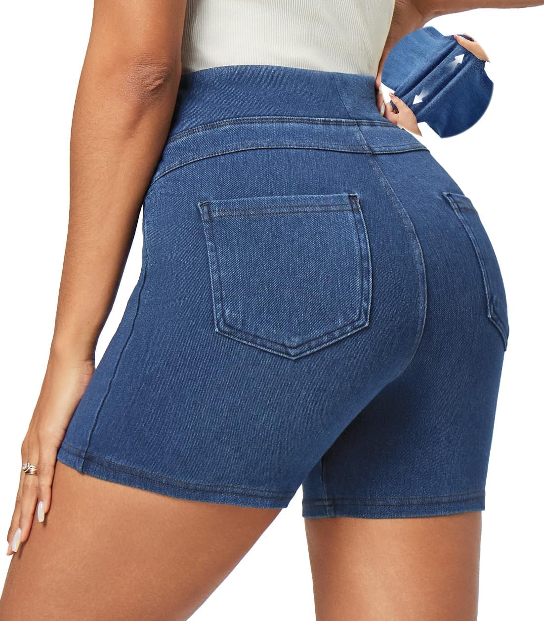 Stretchy Jean Shorts Womens Denim Shorts High Waisted Pull On Jorts Pockets | Tummy Control, No Zipper, 5" Inseam, 4 Deep Pockets, 4-Way Stretch, Lightweight, Summer, Travel, Casual, Vacations, Weekends