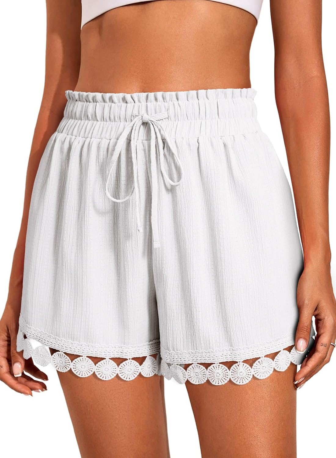 Dokotoo Womens Shorts Summer Casual Loose Elastic Waist Drawstring Lace Boho Beach Cover Up Shorts