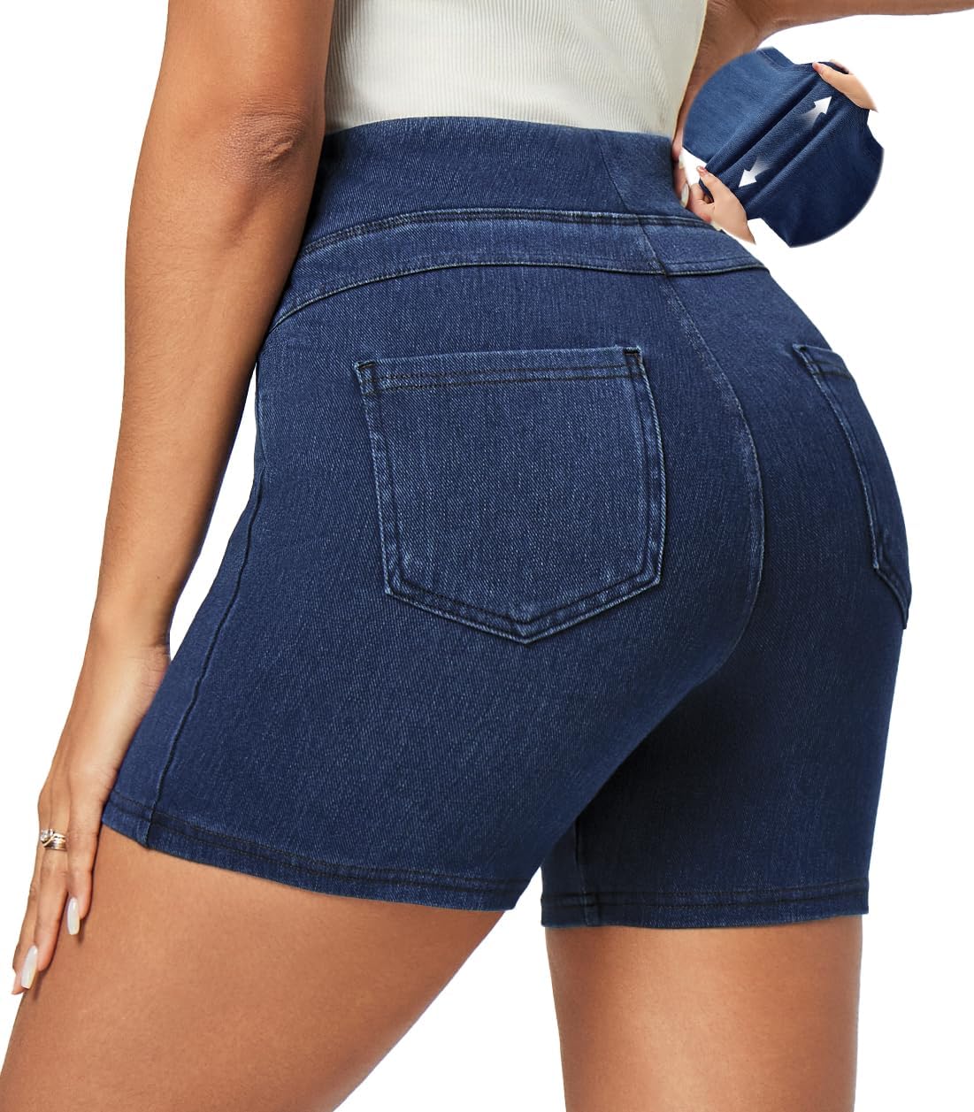 Stretchy Jean Shorts Womens Denim Shorts High Waisted Pull On Jorts Pockets | Tummy Control, No Zipper, 5" Inseam, 4 Deep Pockets, 4-Way Stretch, Lightweight, Summer, Travel, Casual, Vacations, Weekends