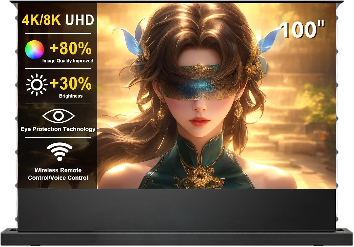IN&VI 100" Electric Floor Rising Matte White Soft Projector Screen, Projector Screen for Home Theater, 4K/8K Ultra HD, 1.3 Gain, Active 3D, Eye Friendly