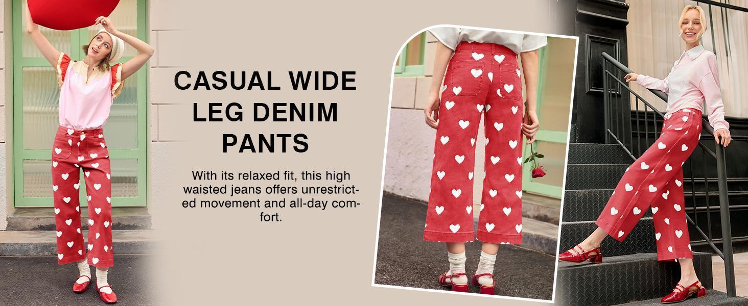 Cicy Bell Womens Cropped Striped Jeans Casual High Waisted Stretchy Polka Dots Straight Leg Denim Pants with Pockets