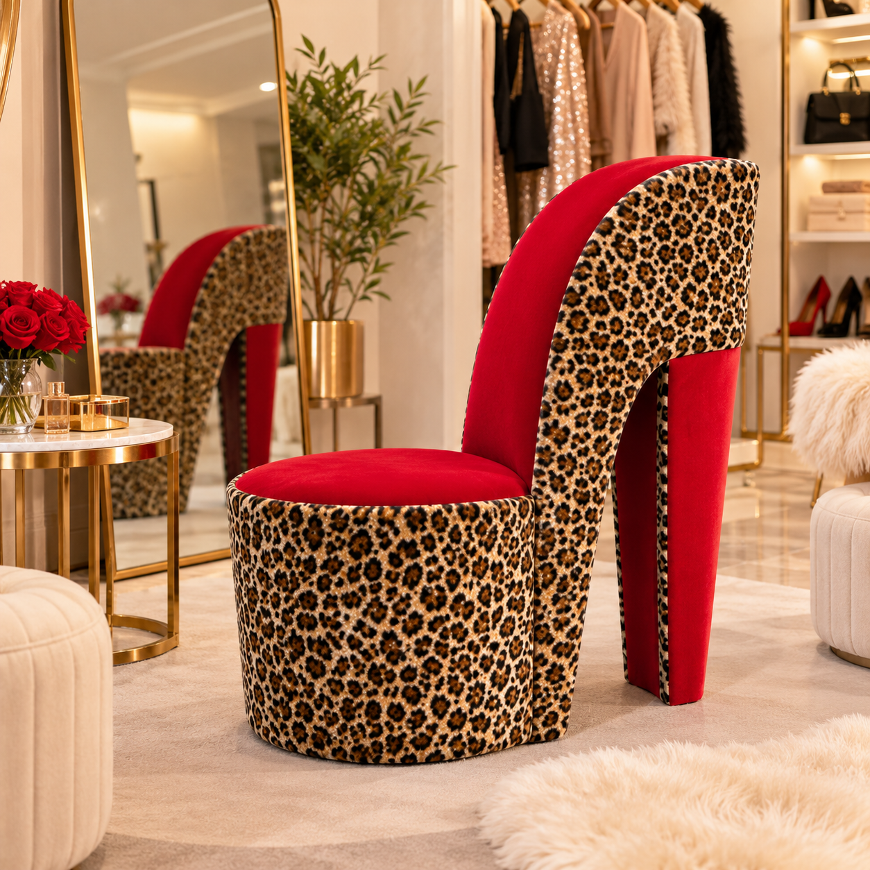 High Heel Shoe Accent Chair – Animal Print Statement Seating for Bedroom & Vanity