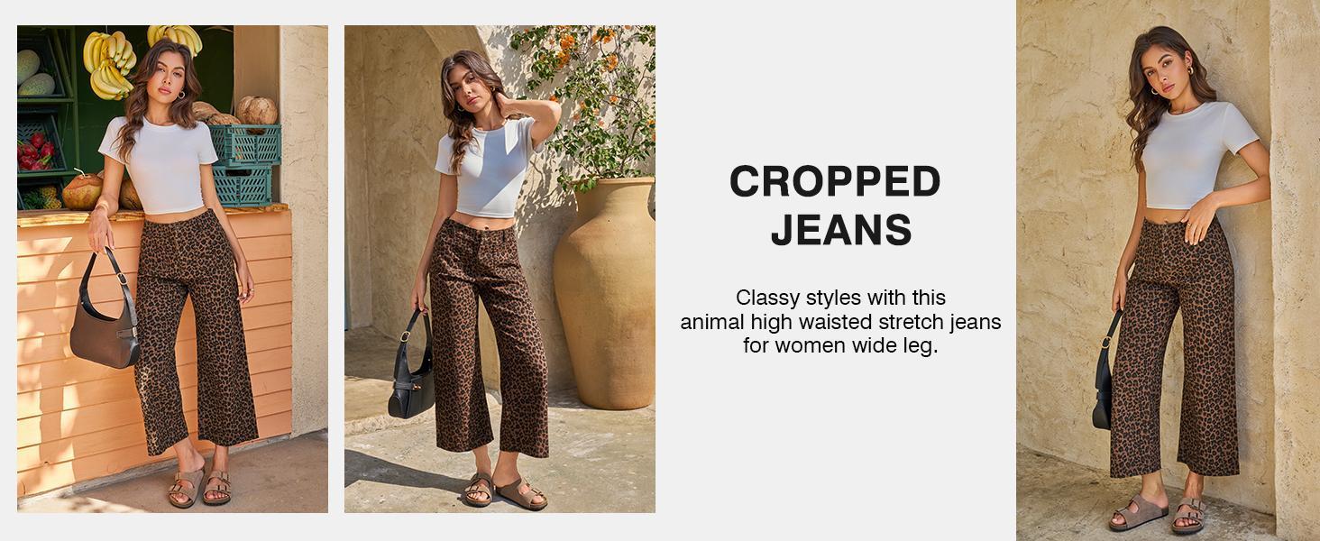 Cicy Bell Womens Cropped Striped Jeans Casual High Waisted Stretchy Polka Dots Straight Leg Denim Pants with Pockets