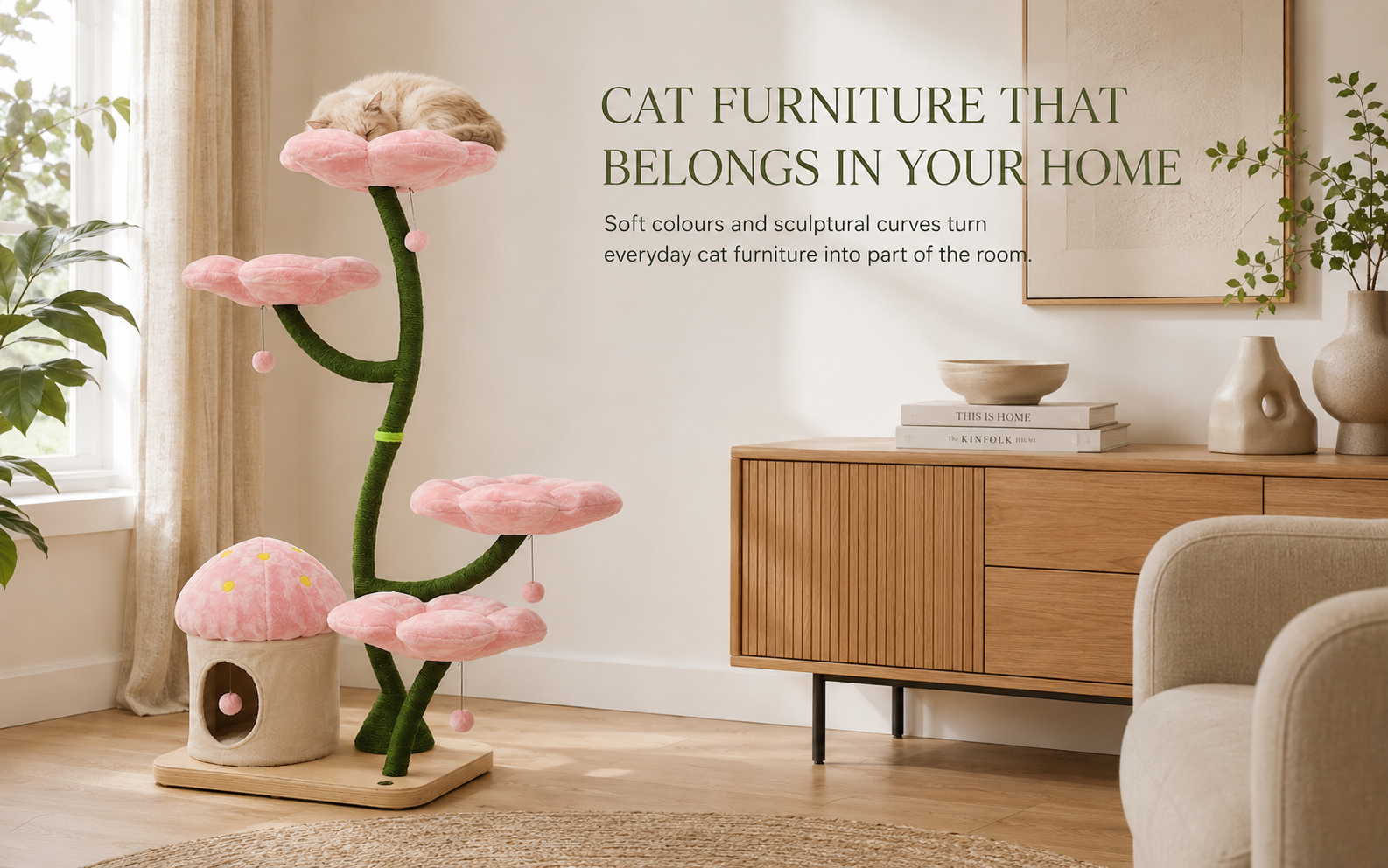 Vertical floral cat tree designed for modern apartments