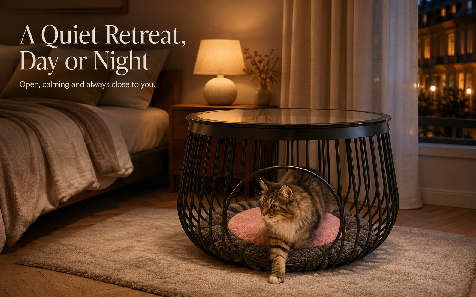 Cat resting inside pet nest side table at night