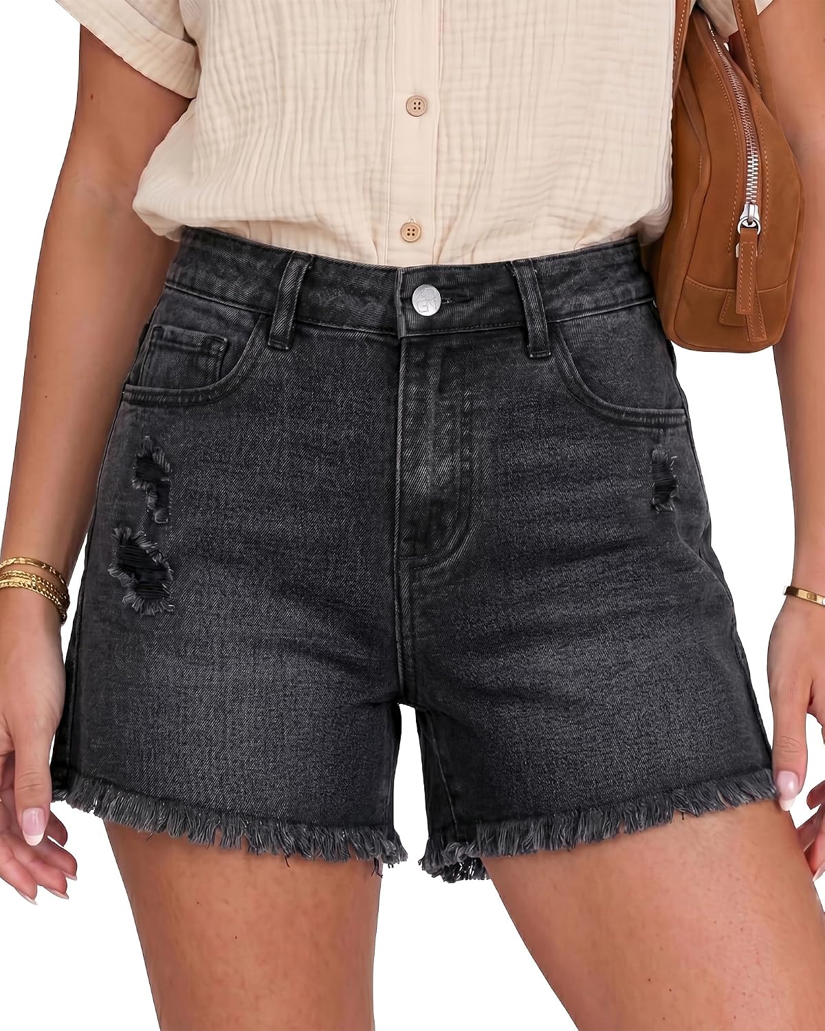 GRAPENT Jean Shorts Womens High Waisted Ripped Cut Off Stretchy Denim Jorts | High Waisted, Stretch, 4 Inch Inseam, Distressed, Denim Fabric, 5 Pockets, Fray Hem, Concert Outfits, Western Outfits