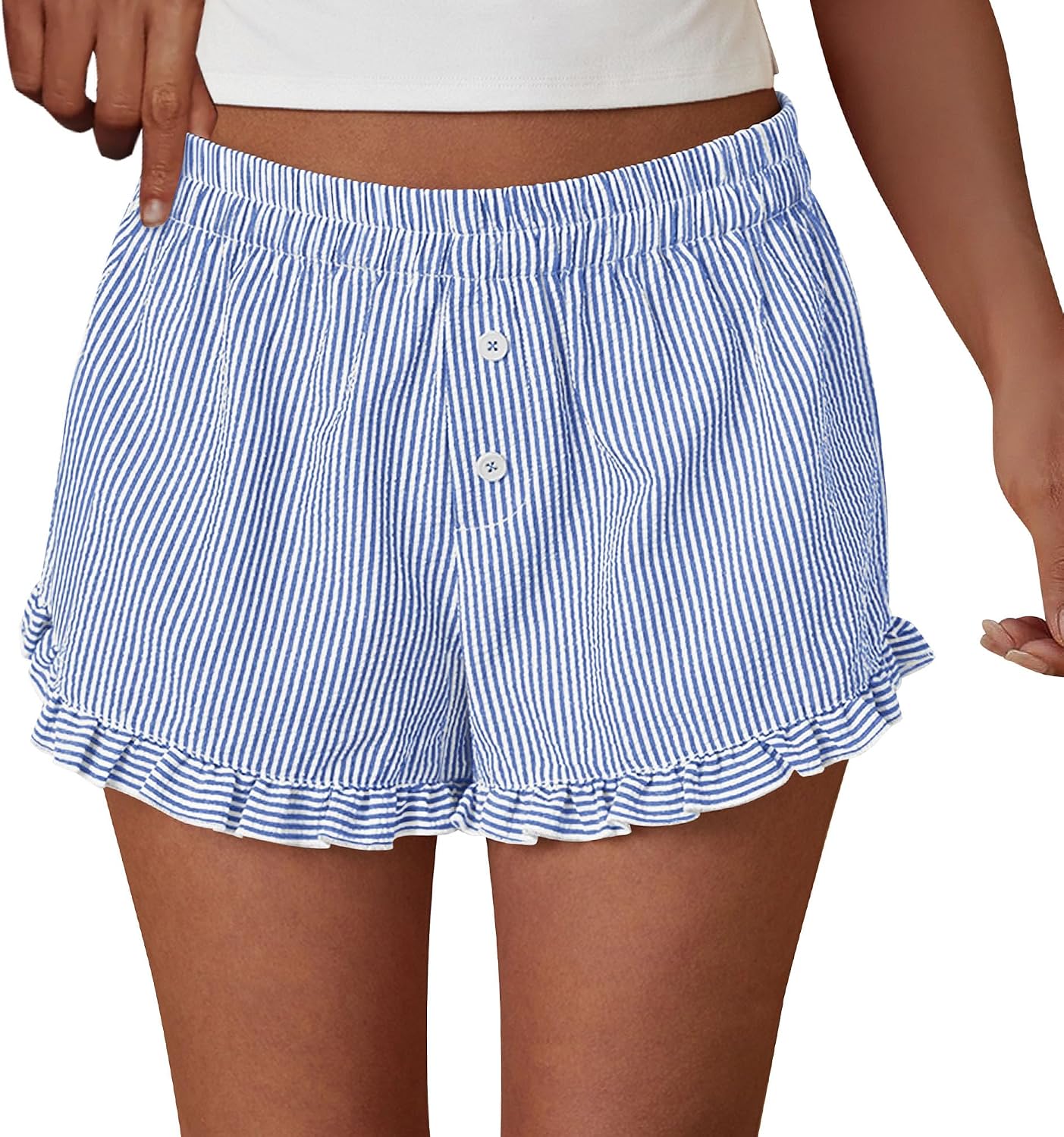 PRETTYGARDEN Womens Boxer Shorts Striped Gingham Ruffle Pajama Bottoms | Elastic Waist, With Pockets, Plaid Shorts,Casual Lounge Sleep Pj Bottoms, Y2K Cute Summer Outfits for Beach Vacation