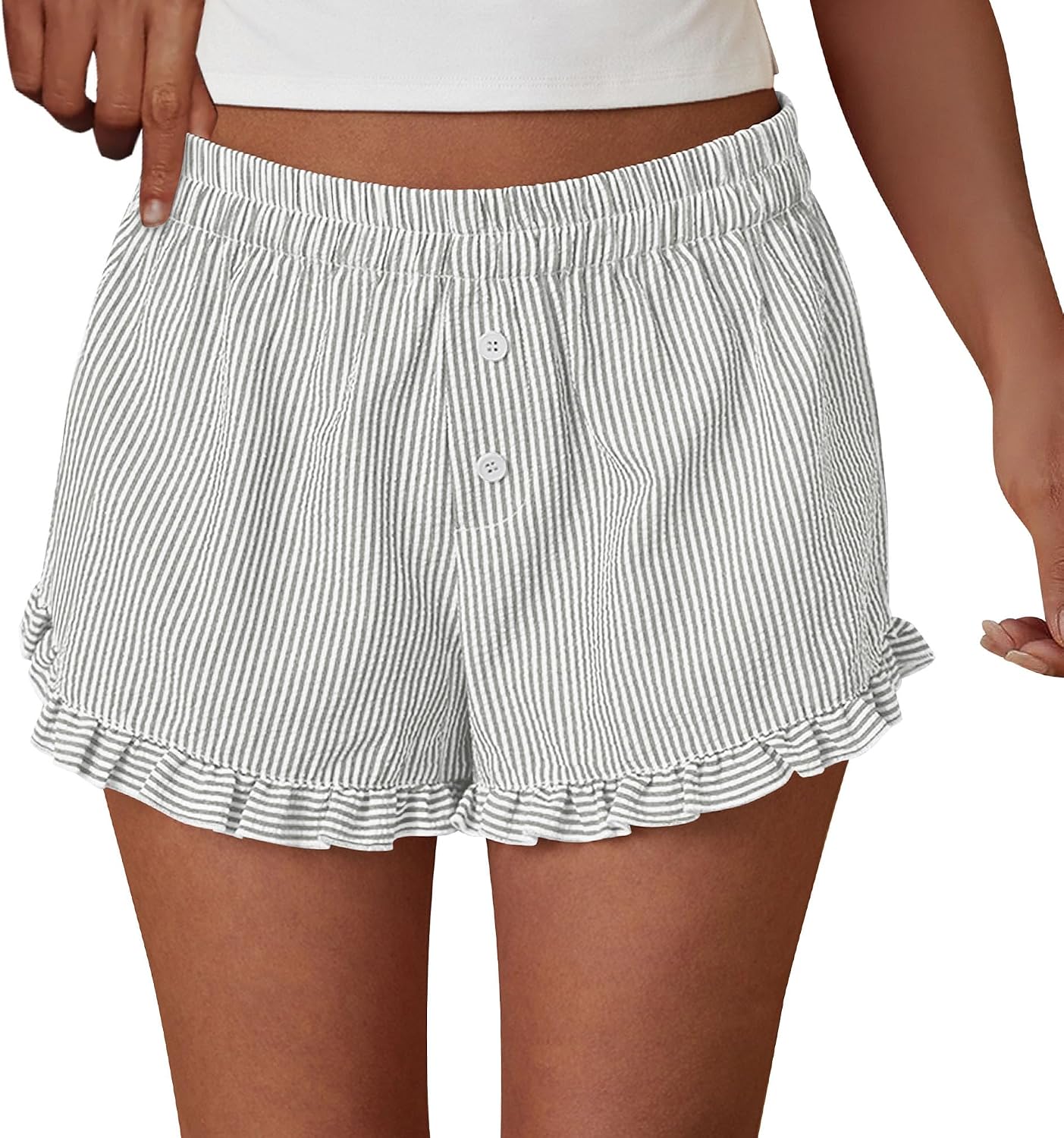 PRETTYGARDEN Womens Boxer Shorts Striped Gingham Ruffle Pajama Bottoms | Elastic Waist, With Pockets, Plaid Shorts,Casual Lounge Sleep Pj Bottoms, Y2K Cute Summer Outfits for Beach Vacation