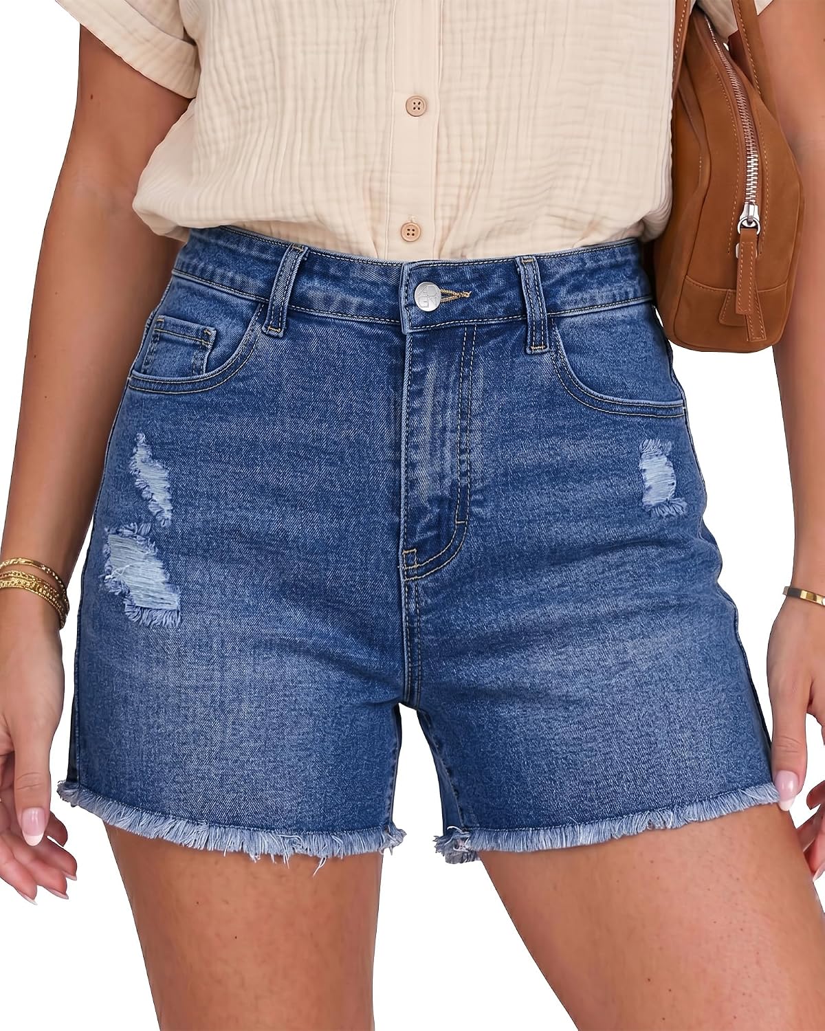 GRAPENT Jean Shorts Womens High Waisted Ripped Cut Off Stretchy Denim Jorts | High Waisted, Stretch, 4 Inch Inseam, Distressed, Denim Fabric, 5 Pockets, Fray Hem, Concert Outfits, Western Outfits