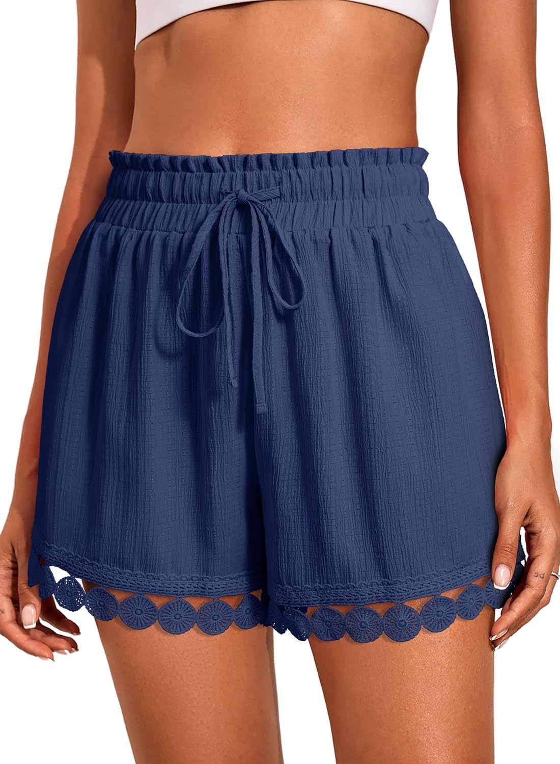 Dokotoo Womens Shorts Summer Casual Loose Elastic Waist Drawstring Lace Boho Beach Cover Up Shorts