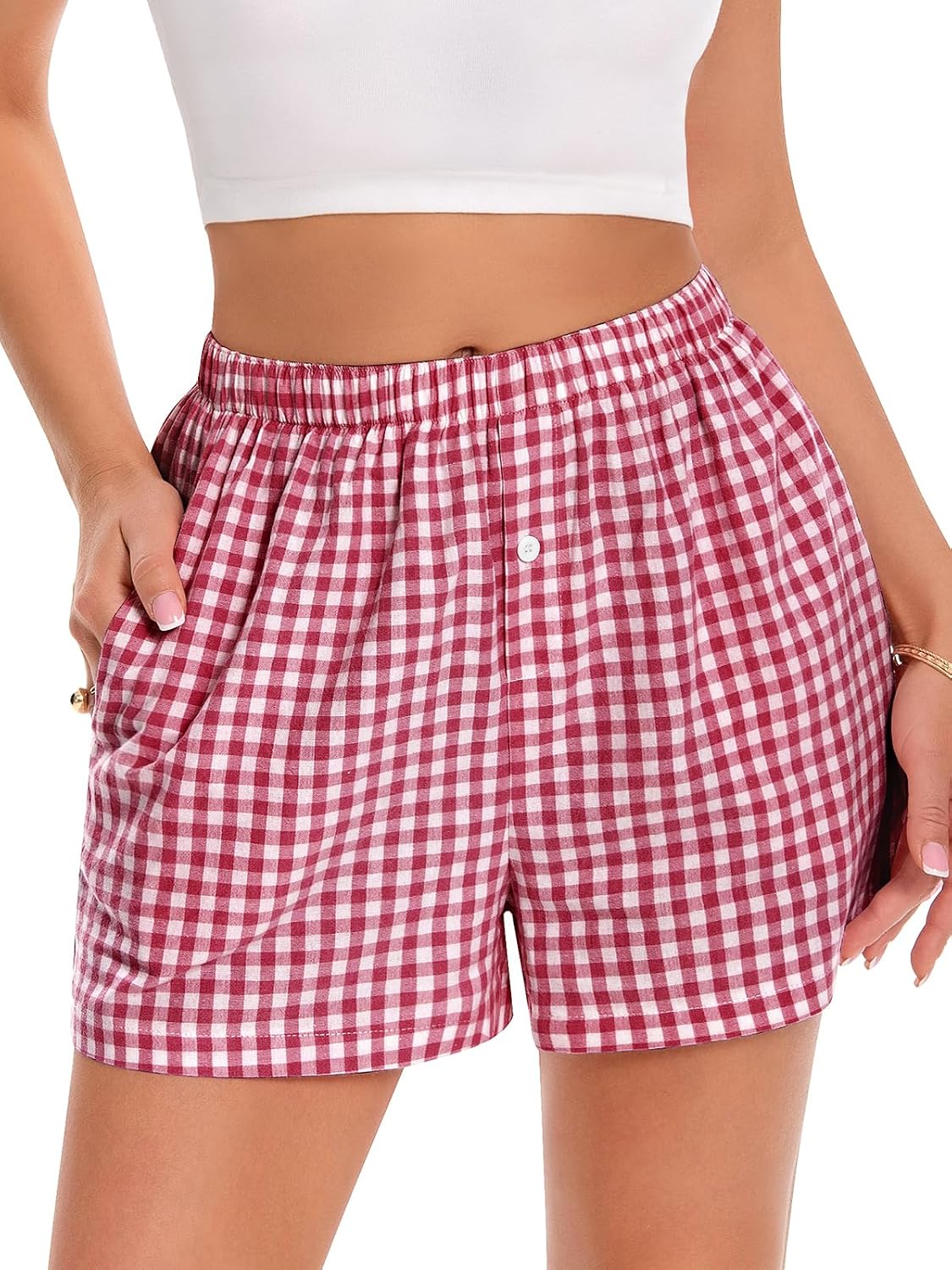 Boxer Shorts for Women Summer Gingham Pj Casual Plaid Bottoms with Pocket