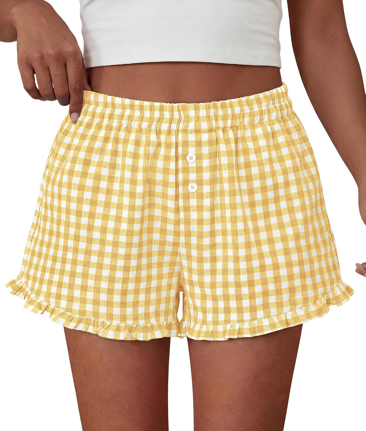 PRETTYGARDEN Womens Boxer Shorts Striped Gingham Ruffle Pajama Bottoms | Elastic Waist, With Pockets, Plaid Shorts,Casual Lounge Sleep Pj Bottoms, Y2K Cute Summer Outfits for Beach Vacation