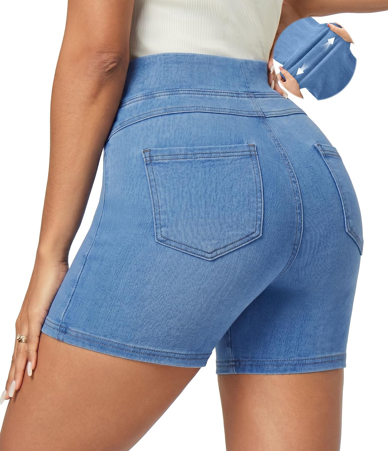 Stretchy Jean Shorts Womens Denim Shorts High Waisted Pull On Jorts Pockets | Tummy Control, No Zipper, 5" Inseam, 4 Deep Pockets, 4-Way Stretch, Lightweight, Summer, Travel, Casual, Vacations, Weekends
