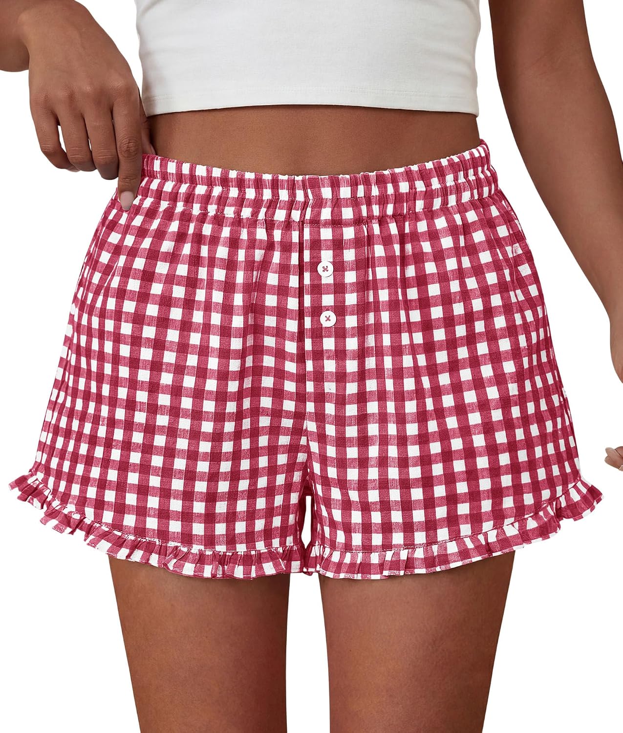 PRETTYGARDEN Womens Boxer Shorts Striped Gingham Ruffle Pajama Bottoms | Elastic Waist, With Pockets, Plaid Shorts,Casual Lounge Sleep Pj Bottoms, Y2K Cute Summer Outfits for Beach Vacation