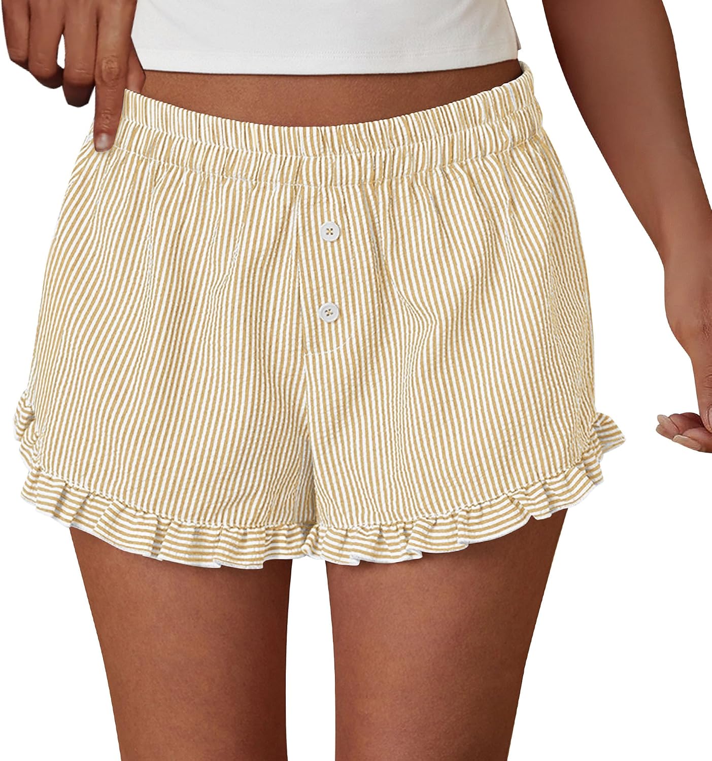 PRETTYGARDEN Womens Boxer Shorts Striped Gingham Ruffle Pajama Bottoms | Elastic Waist, With Pockets, Plaid Shorts,Casual Lounge Sleep Pj Bottoms, Y2K Cute Summer Outfits for Beach Vacation