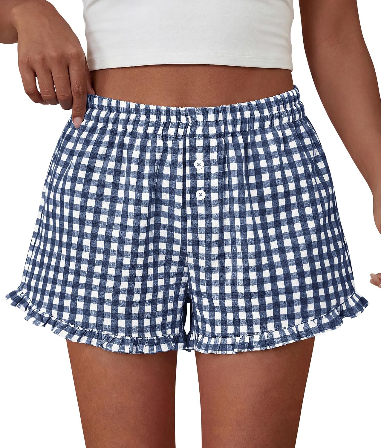 PRETTYGARDEN Womens Boxer Shorts Striped Gingham Ruffle Pajama Bottoms | Elastic Waist, With Pockets, Plaid Shorts,Casual Lounge Sleep Pj Bottoms, Y2K Cute Summer Outfits for Beach Vacation