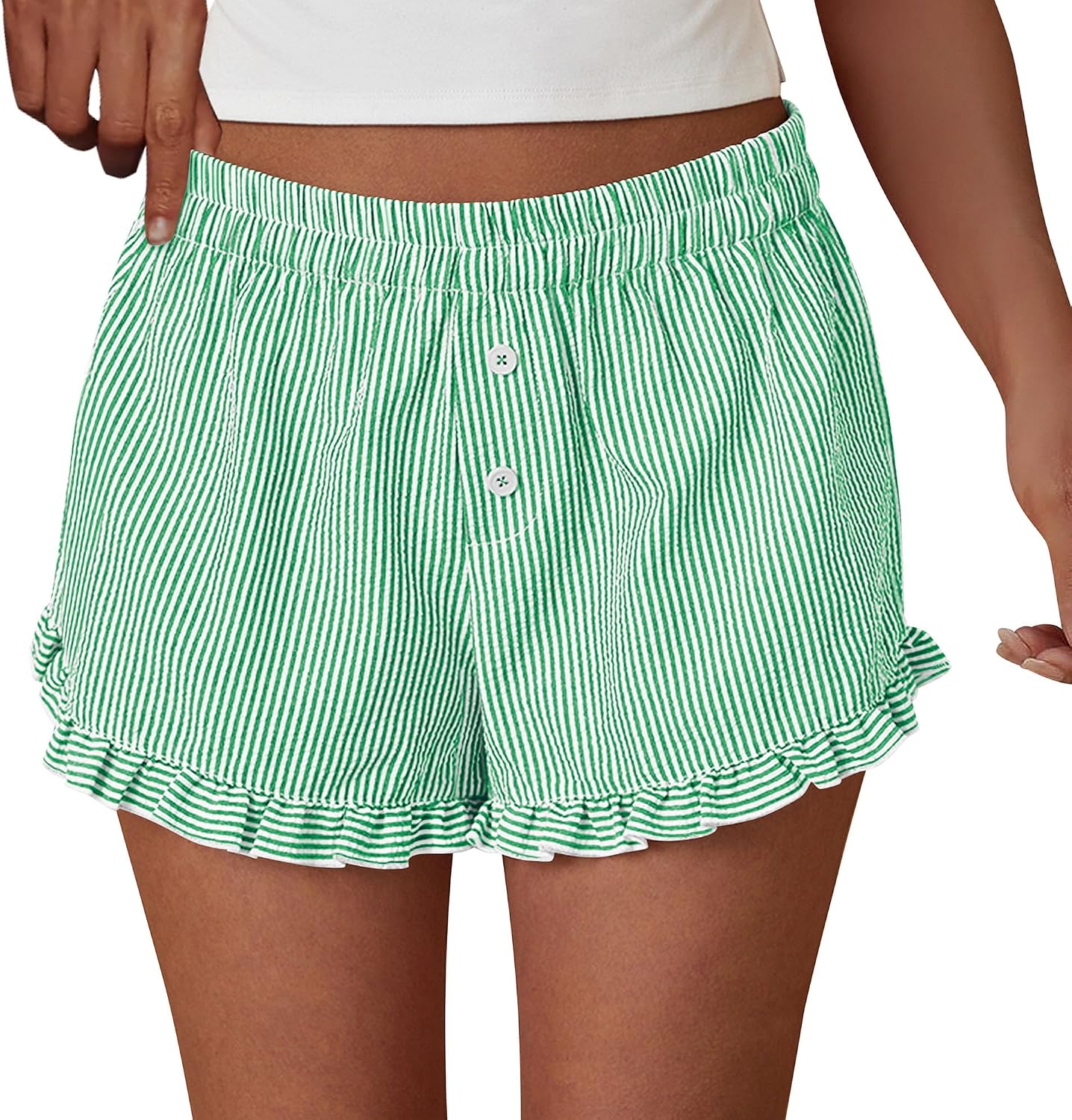 PRETTYGARDEN Womens Boxer Shorts Striped Gingham Ruffle Pajama Bottoms | Elastic Waist, With Pockets, Plaid Shorts,Casual Lounge Sleep Pj Bottoms, Y2K Cute Summer Outfits for Beach Vacation