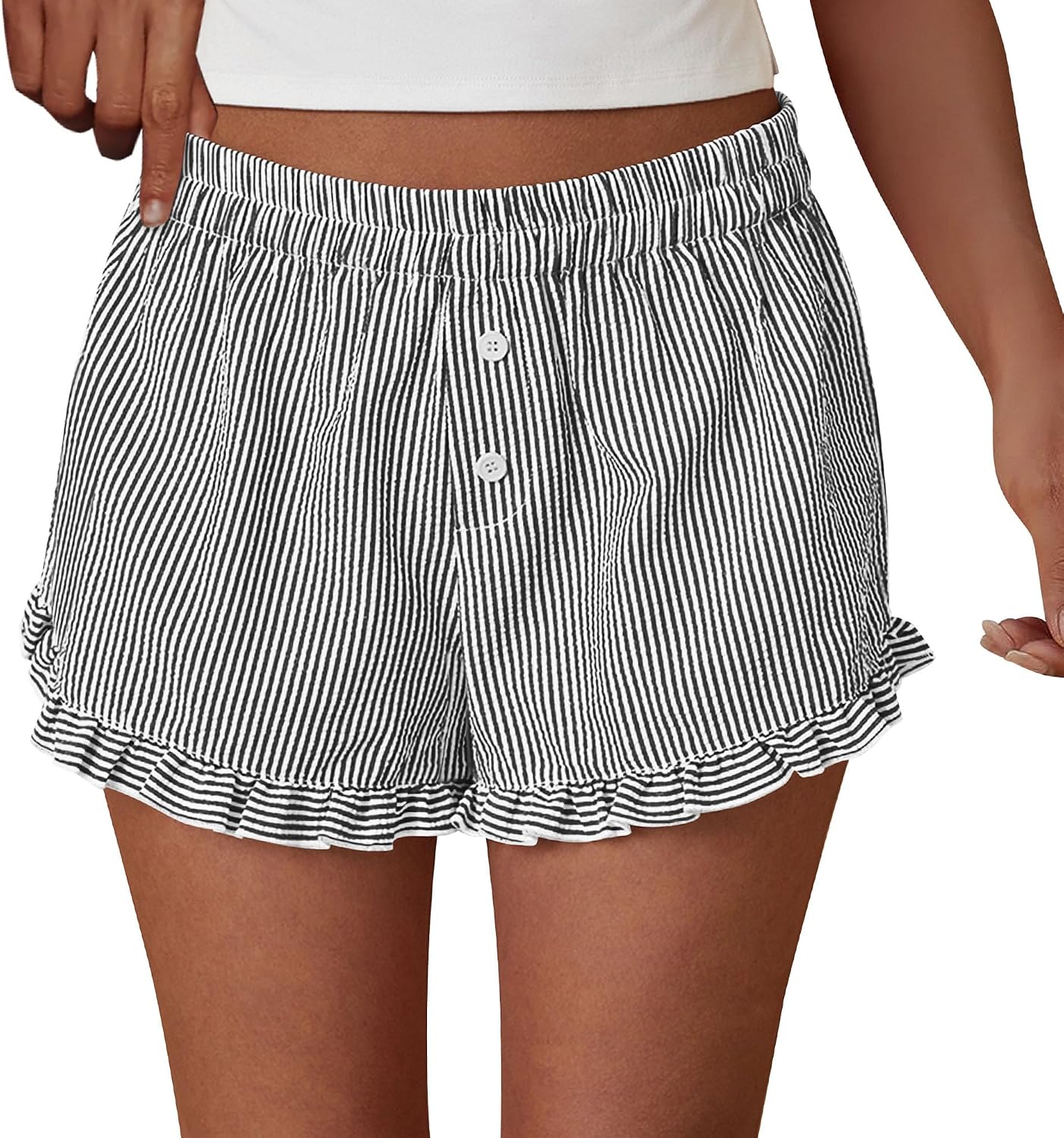 PRETTYGARDEN Womens Boxer Shorts Striped Gingham Ruffle Pajama Bottoms | Elastic Waist, With Pockets, Plaid Shorts,Casual Lounge Sleep Pj Bottoms, Y2K Cute Summer Outfits for Beach Vacation
