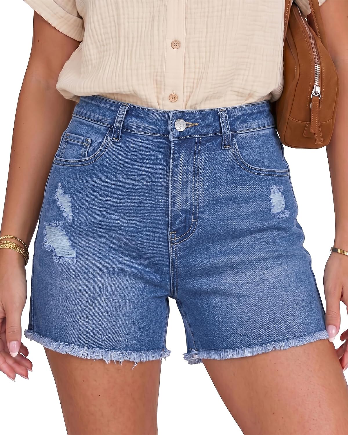 GRAPENT Jean Shorts Womens High Waisted Ripped Cut Off Stretchy Denim Jorts | High Waisted, Stretch, 4 Inch Inseam, Distressed, Denim Fabric, 5 Pockets, Fray Hem, Concert Outfits, Western Outfits