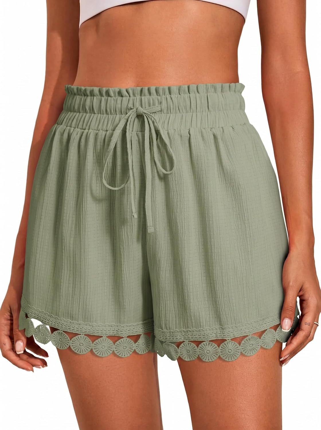 Dokotoo Womens Shorts Summer Casual Loose Elastic Waist Drawstring Lace Boho Beach Cover Up Shorts