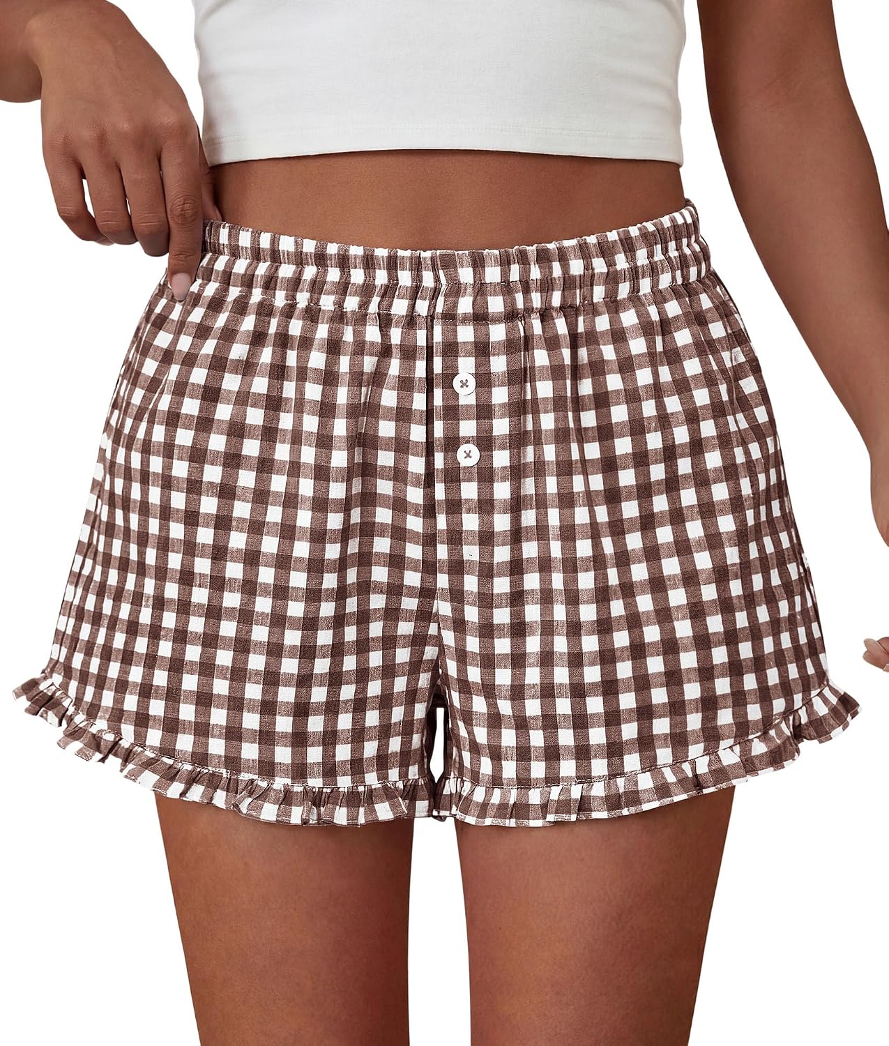 PRETTYGARDEN Womens Boxer Shorts Striped Gingham Ruffle Pajama Bottoms | Elastic Waist, With Pockets, Plaid Shorts,Casual Lounge Sleep Pj Bottoms, Y2K Cute Summer Outfits for Beach Vacation