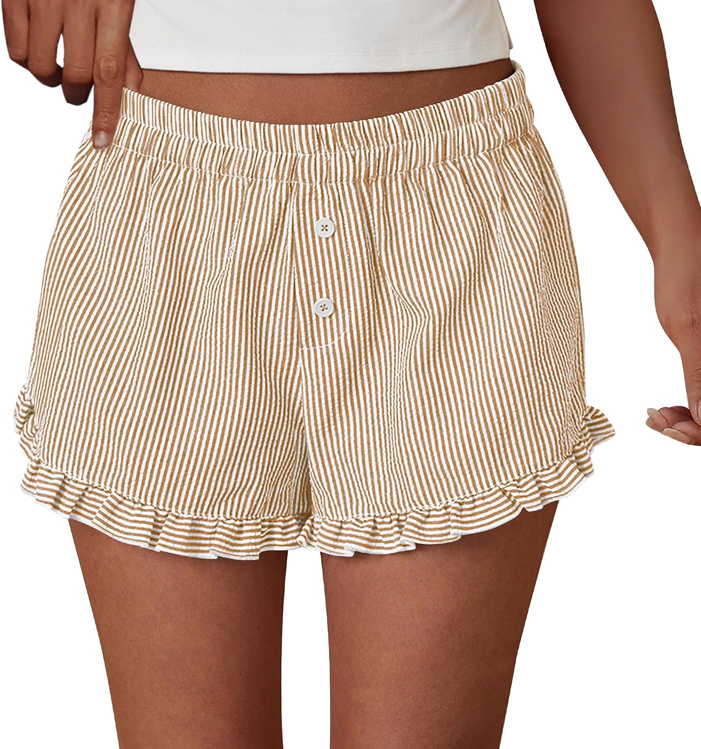 PRETTYGARDEN Womens Boxer Shorts Striped Gingham Ruffle Pajama Bottoms | Elastic Waist, With Pockets, Plaid Shorts,Casual Lounge Sleep Pj Bottoms, Y2K Cute Summer Outfits for Beach Vacation