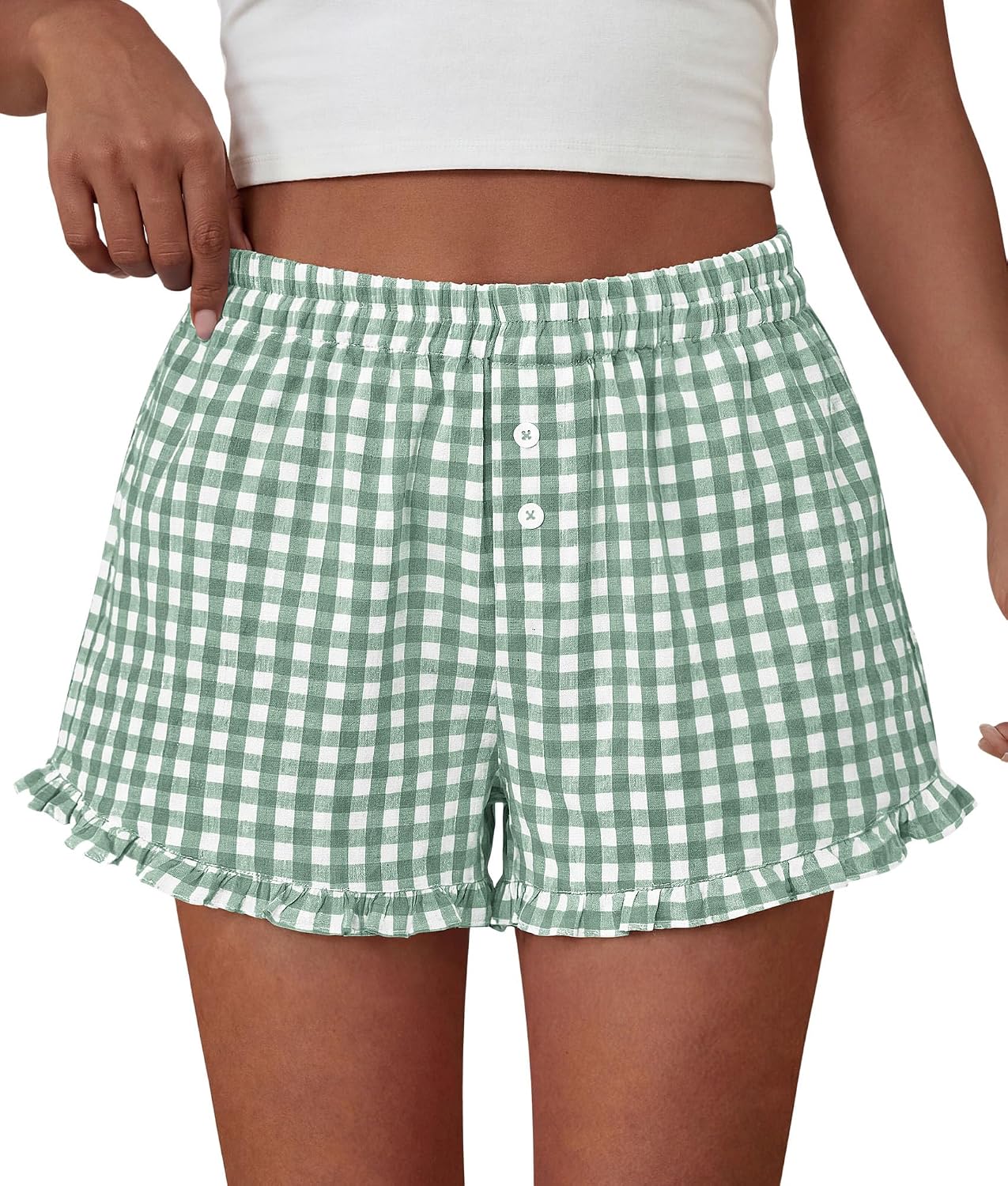 PRETTYGARDEN Womens Boxer Shorts Striped Gingham Ruffle Pajama Bottoms | Elastic Waist, With Pockets, Plaid Shorts,Casual Lounge Sleep Pj Bottoms, Y2K Cute Summer Outfits for Beach Vacation