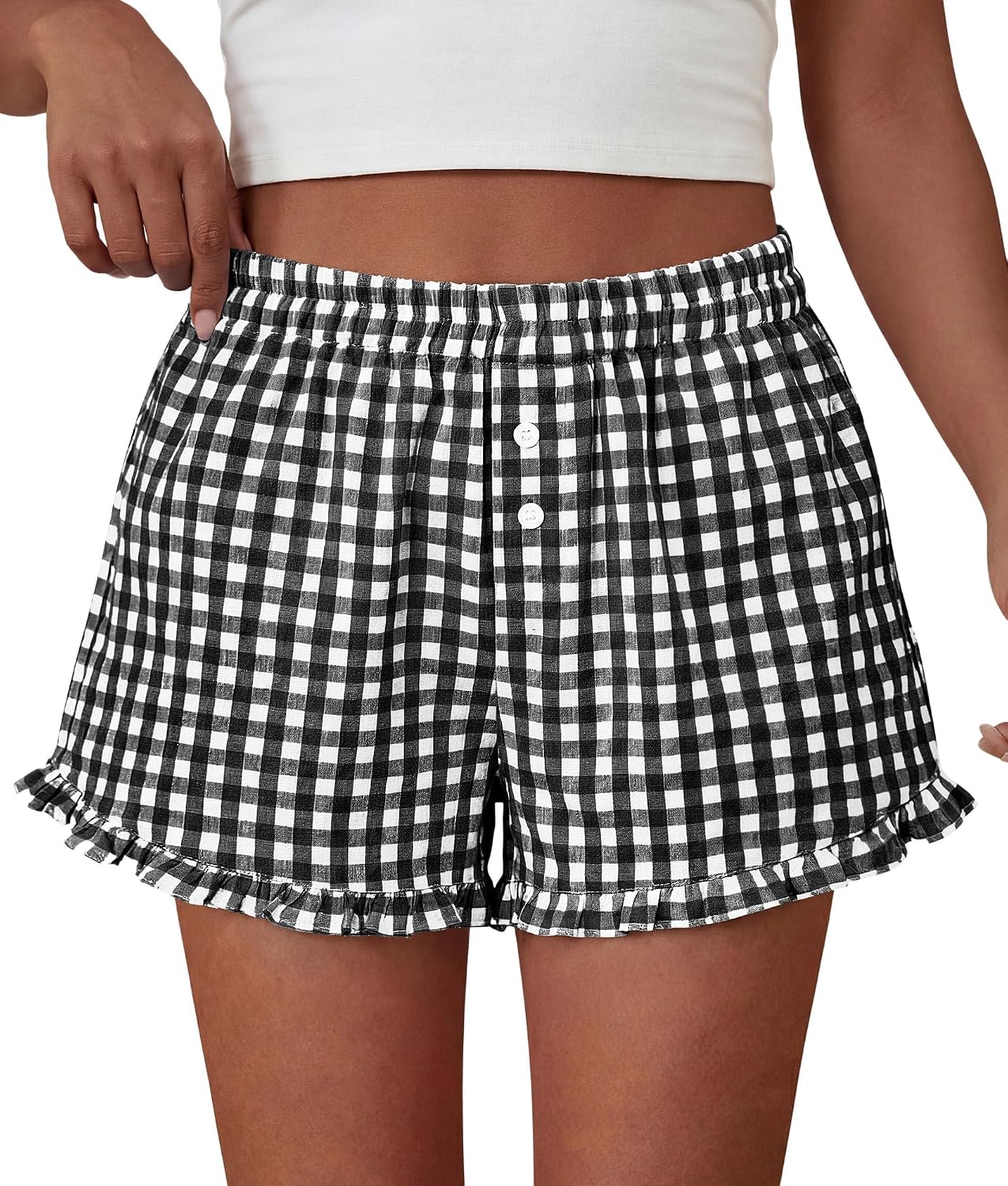PRETTYGARDEN Womens Boxer Shorts Striped Gingham Ruffle Pajama Bottoms | Elastic Waist, With Pockets, Plaid Shorts,Casual Lounge Sleep Pj Bottoms, Y2K Cute Summer Outfits for Beach Vacation