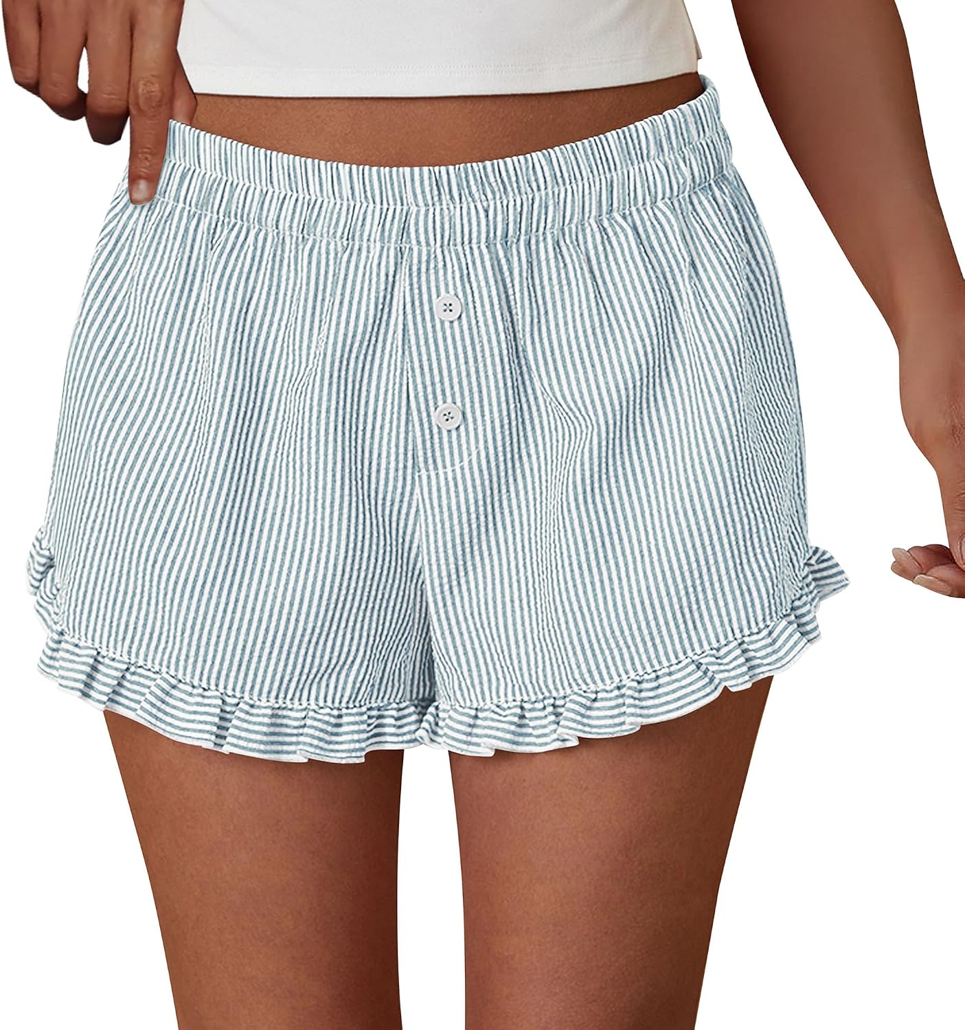 PRETTYGARDEN Womens Boxer Shorts Striped Gingham Ruffle Pajama Bottoms | Elastic Waist, With Pockets, Plaid Shorts,Casual Lounge Sleep Pj Bottoms, Y2K Cute Summer Outfits for Beach Vacation