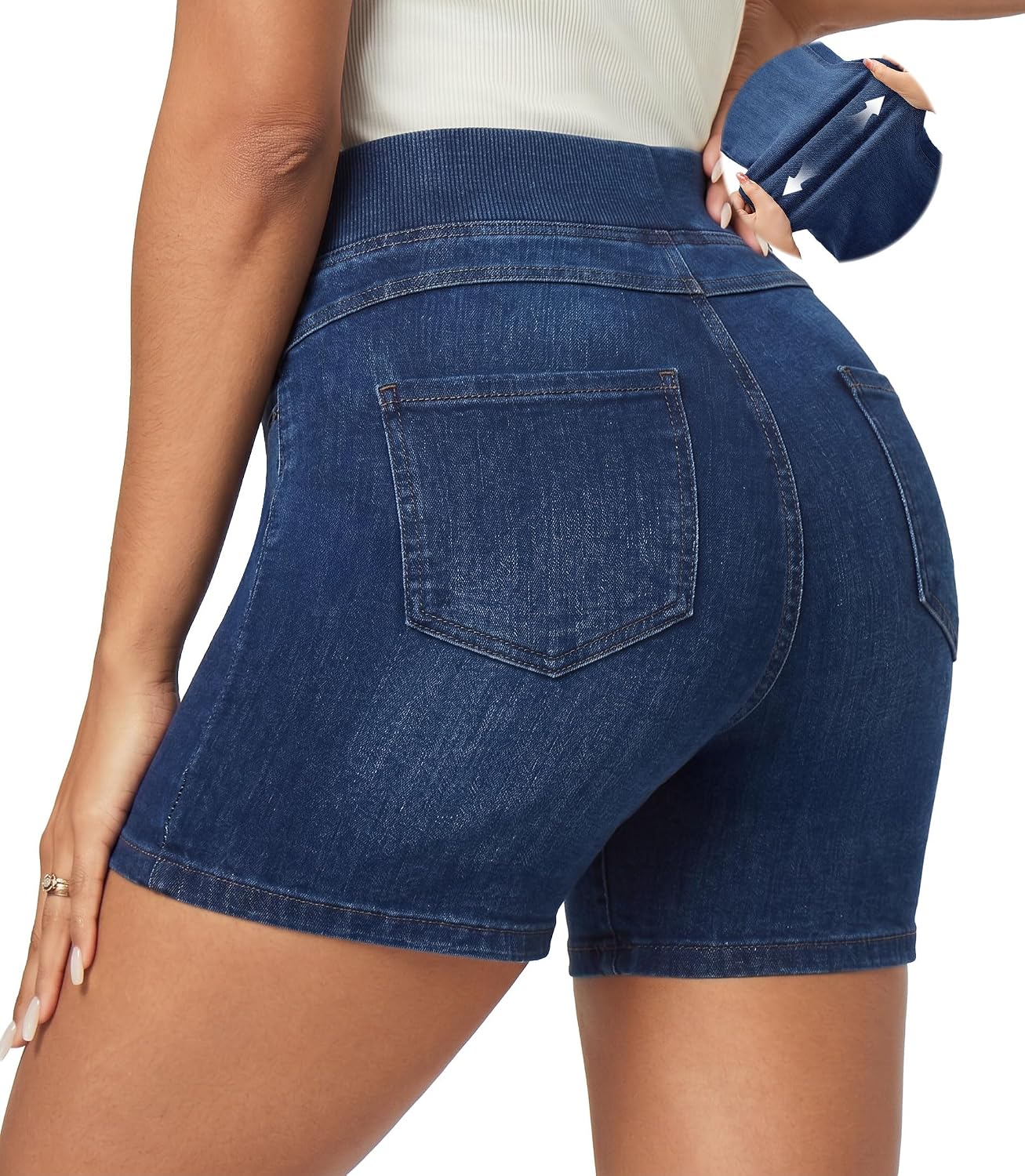 Stretchy Jean Shorts Womens Denim Shorts High Waisted Pull On Jorts Pockets | Tummy Control, No Zipper, 5" Inseam, 4 Deep Pockets, 4-Way Stretch, Lightweight, Summer, Travel, Casual, Vacations, Weekends