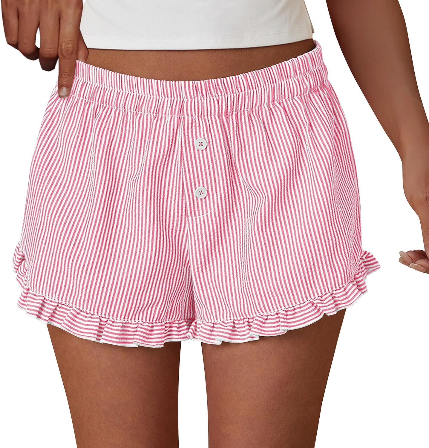 PRETTYGARDEN Womens Boxer Shorts Striped Gingham Ruffle Pajama Bottoms | Elastic Waist, With Pockets, Plaid Shorts,Casual Lounge Sleep Pj Bottoms, Y2K Cute Summer Outfits for Beach Vacation