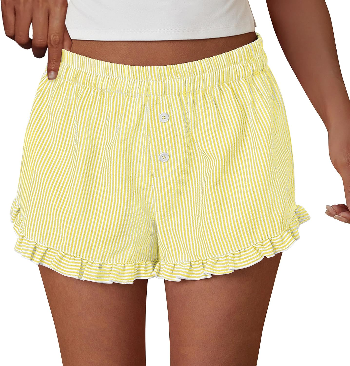 PRETTYGARDEN Womens Boxer Shorts Striped Gingham Ruffle Pajama Bottoms | Elastic Waist, With Pockets, Plaid Shorts,Casual Lounge Sleep Pj Bottoms, Y2K Cute Summer Outfits for Beach Vacation