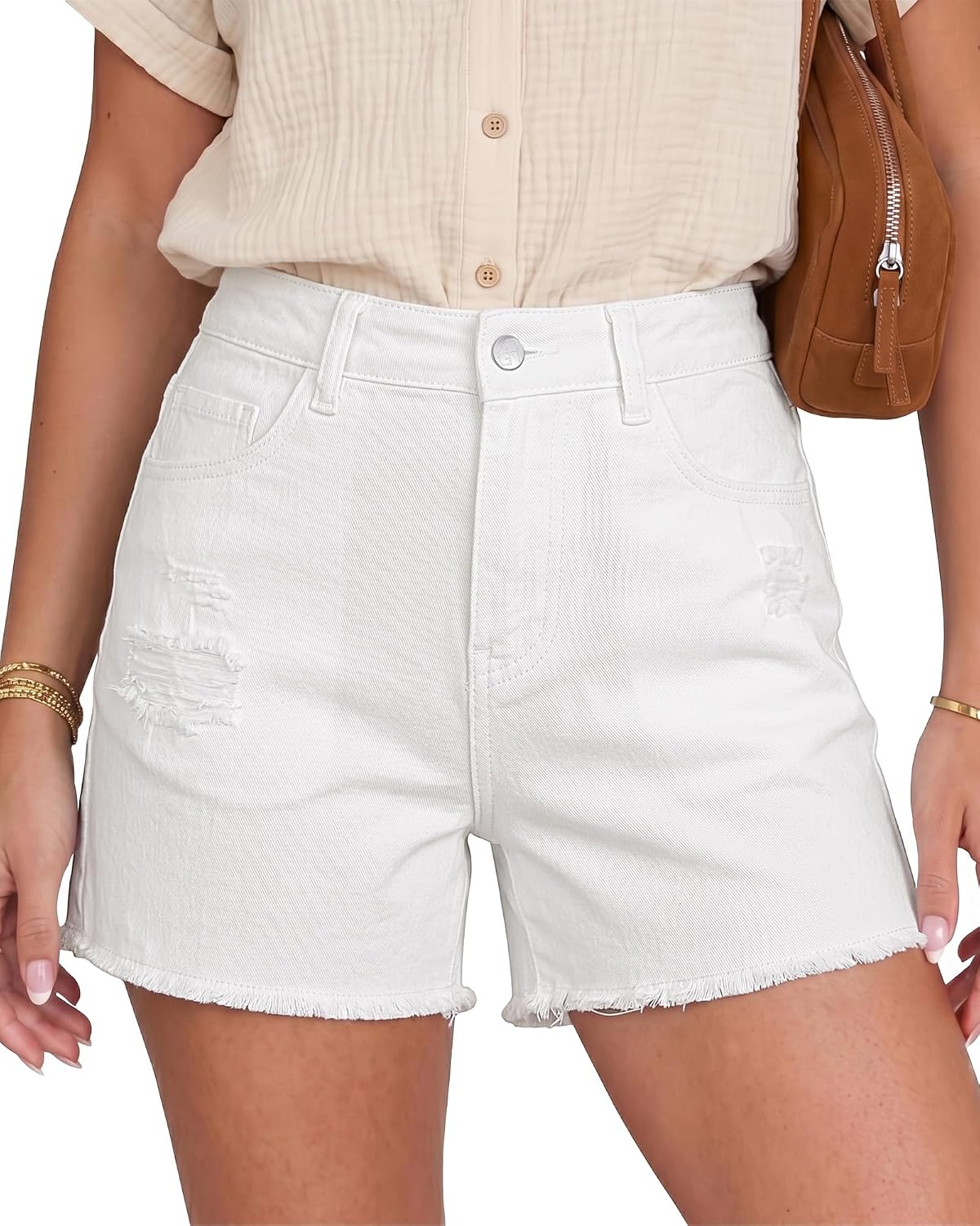 GRAPENT Jean Shorts Womens High Waisted Ripped Cut Off Stretchy Denim Jorts | High Waisted, Stretch, 4 Inch Inseam, Distressed, Denim Fabric, 5 Pockets, Fray Hem, Concert Outfits, Western Outfits