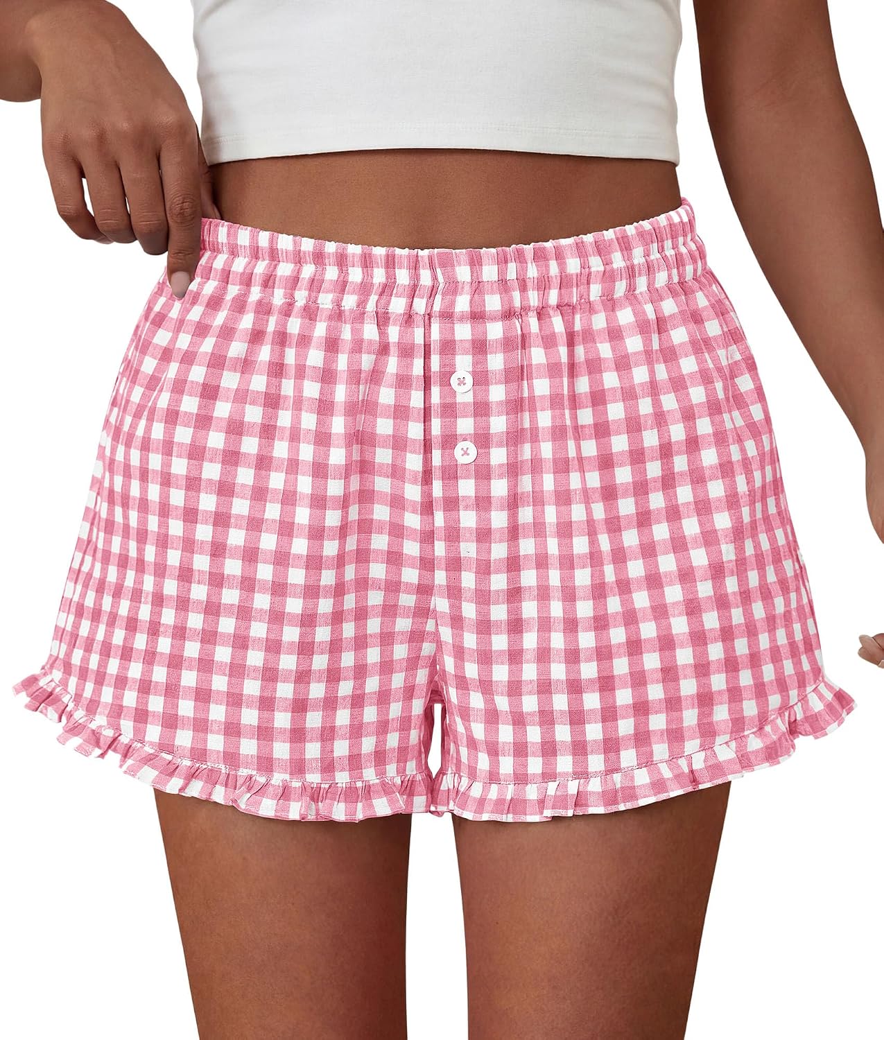 PRETTYGARDEN Womens Boxer Shorts Striped Gingham Ruffle Pajama Bottoms | Elastic Waist, With Pockets, Plaid Shorts,Casual Lounge Sleep Pj Bottoms, Y2K Cute Summer Outfits for Beach Vacation